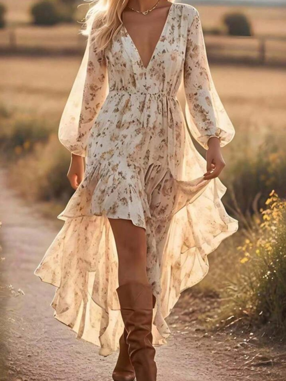 Boho Cream Floral High-Low Maxi Dress